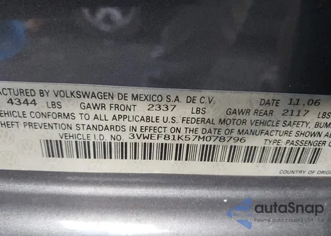 2007 Volkswagen Jetta Wolfsburg Edition из США, поврежденный, VIN 3VWEF81K57M078796